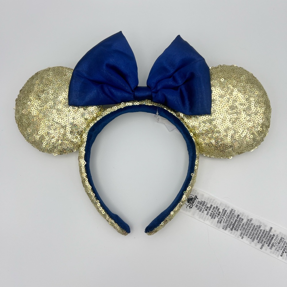 Disney World 50th Anniversary Gold Sequin Blue Satin Minnie Bow Ear Headband